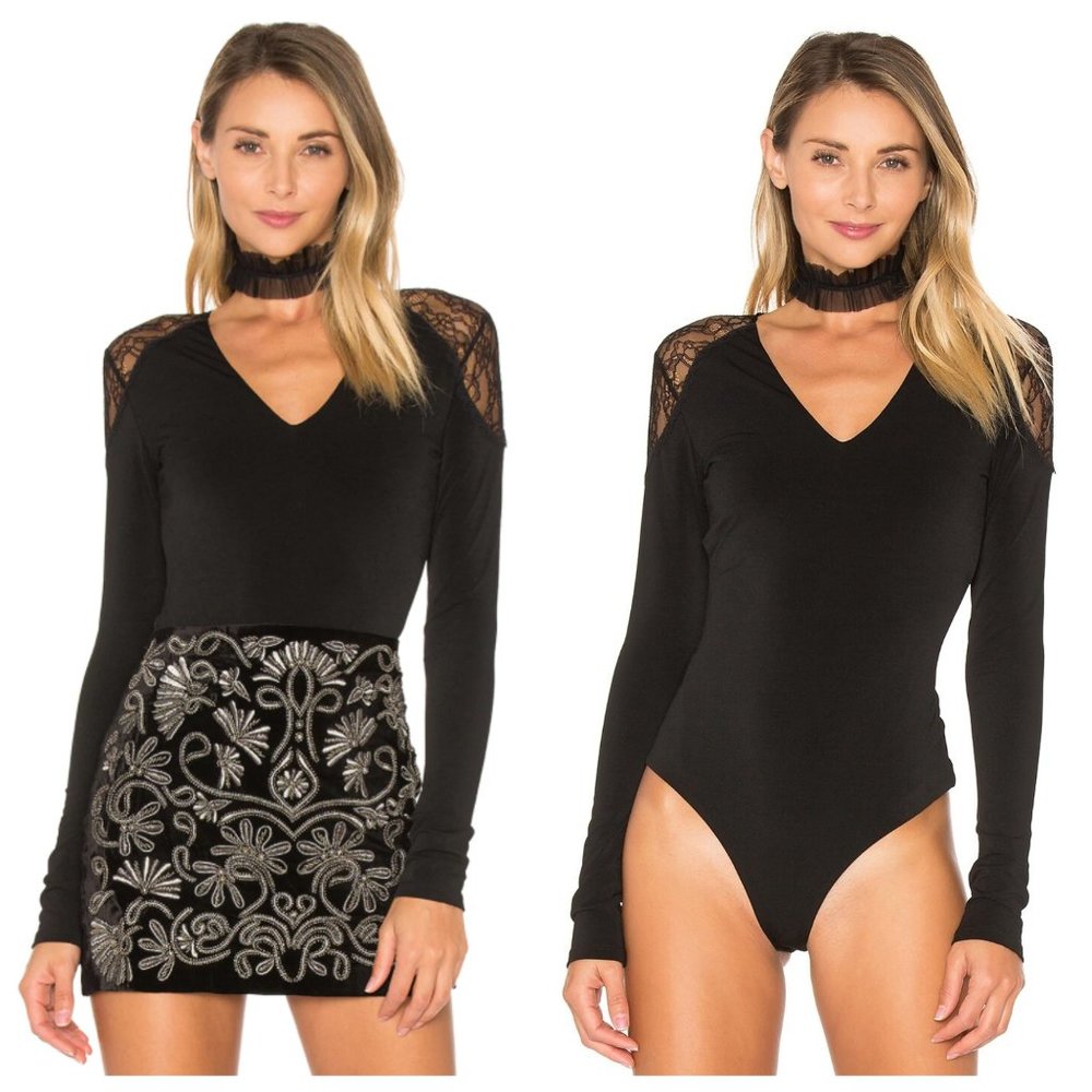 Alice + Olivia Nancey Black Lace Shoulder V Neck Bodysuit
